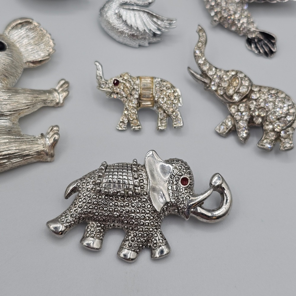 Vtg Lot Silver Tone Black Rhinestone Animal Brooch Figural Elephants Birds Koala - Picture 4 of 16